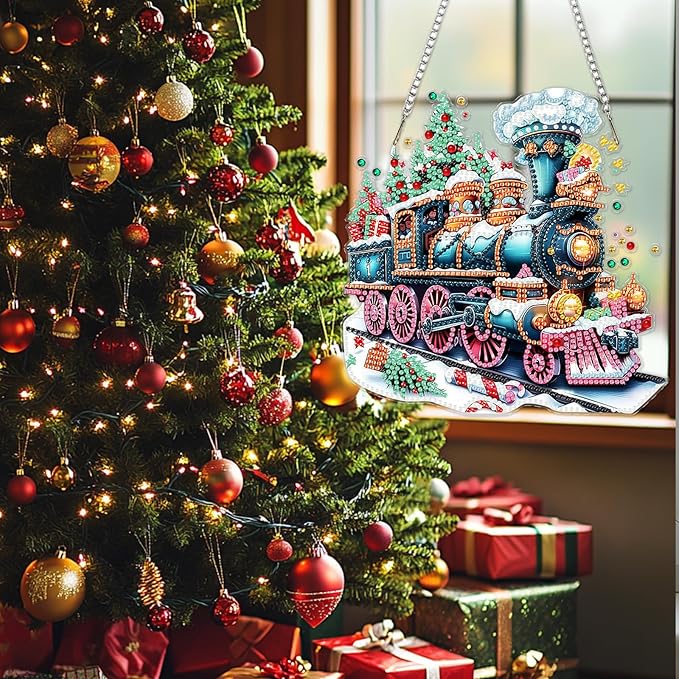 SENQAO Christmas Diamond Art Hanging Kits for Adults Kids, Christmas Train Diamond Art Suncatchers, 5D Special Shape Diamond Painting Pendant Window Ornament Gifts for Home Door Wall Decor