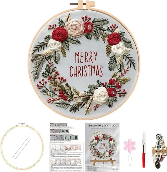 Huacan Embroidery Kits for Adults Beginner DIY Cross Stitch Stamped Christmas Pattern Stitching Wreath Sewing Kit 1 Piece 7.8 x 7.8 Inch
