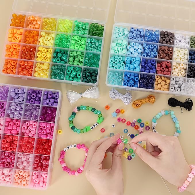 QUEFE 4700pcs, 72 Colors Pony Beads Rainbow Kandi for Bracelets Making Kit, 3600pcs 9mm Plastic and 1000pcs Letter Beads, Alphabet for Jewelry Making With Elastic Threads
