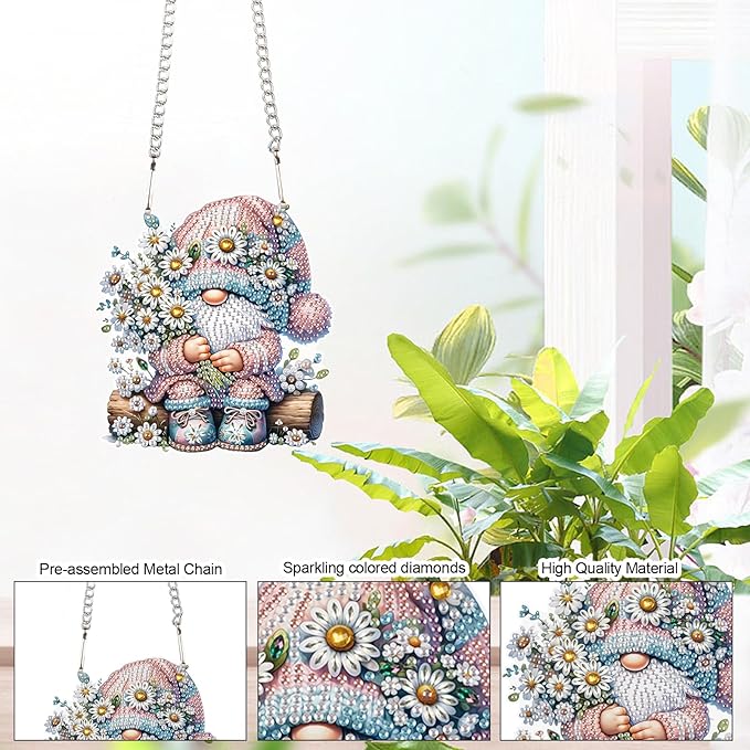 DIY 5D Diamond Painting Hanging Ornament Gnome with Daisy Flowers, Floral Crystal Rhinestone Diamond Art Pendant for Home, Wall, Window, Garden, and Gift