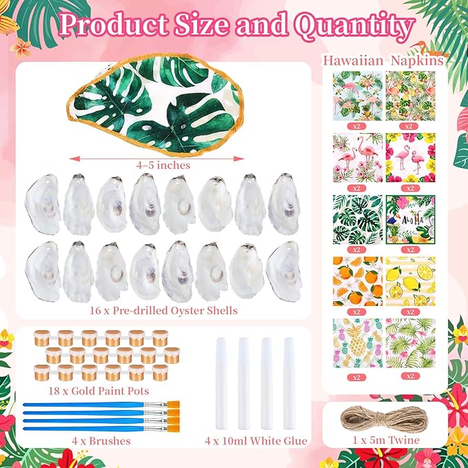 APUDWN 16 Set DIY Natural Oyster Shell Decoupage Kit Hawaiian Crafts 4-5" Large Shells Drilled with Napkins Paints Brushes for Crafts Coastal Beach Art Hanging Ornament Making Adult Hobby Gifts