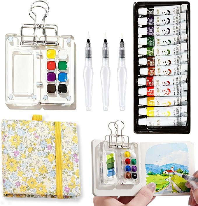 Mini Portable Watercolor Palette Set-Grid Paint Box with Binder Clips Include 12 Colors Paint - Brush*3 and Picture Album Art Materials Coloring Markers for Travel, Creative Drawing Kit for Beginners and Art Enthusiasts(Yellow Acrylic-S)
