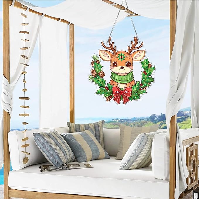 VAIIEYO Christmas Diamond Art Hanging Ornament, Deer Bowknot Diamond Painting Suncatchers Window Hanging Kit with Chain, 7.5x7.5 inch Crystal Pendant Art Craft for Gift Home Wall Front Door Decoration