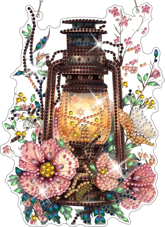 NAIMOER Diamond Art Hanging Kits for Adults, Flower Lantern Diamond Art Suncatchers, 5D Special Shape Fall Diamond Painting Pendant Window Ornament Gifts for Home Garden Door Wall Decor