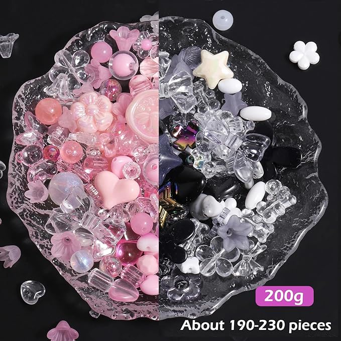 230-250pcs Assorted Acrylic Beads for Bracelet Making Kit, 200g Cute Beads for Keychain Making, Kandi Charms, Kawaii Jewelry Making, DIY Crafts (Black&Pink)