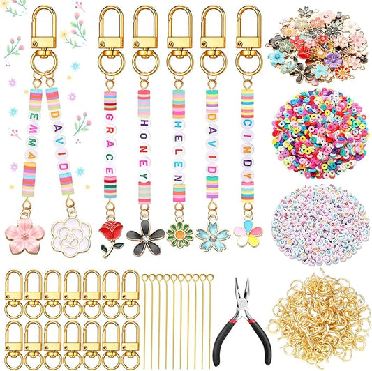Tondiamo 2823 Pcs Bead Keychain DIY Craft Making Kit Bag Charms Key Ring Letters Beads String for Gift Jewelry Key Ring Backpack Accessories(Flower)