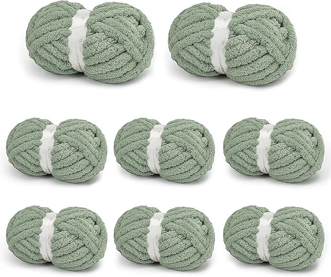 Chunky Yarn for Hand Knitting, Chunky Chenille Blanket Yarn for Crocheting, Bulky Soft Fluffy Chenille for Blanket Project, 8 Pack of 8oz/25yds, Sage Green
