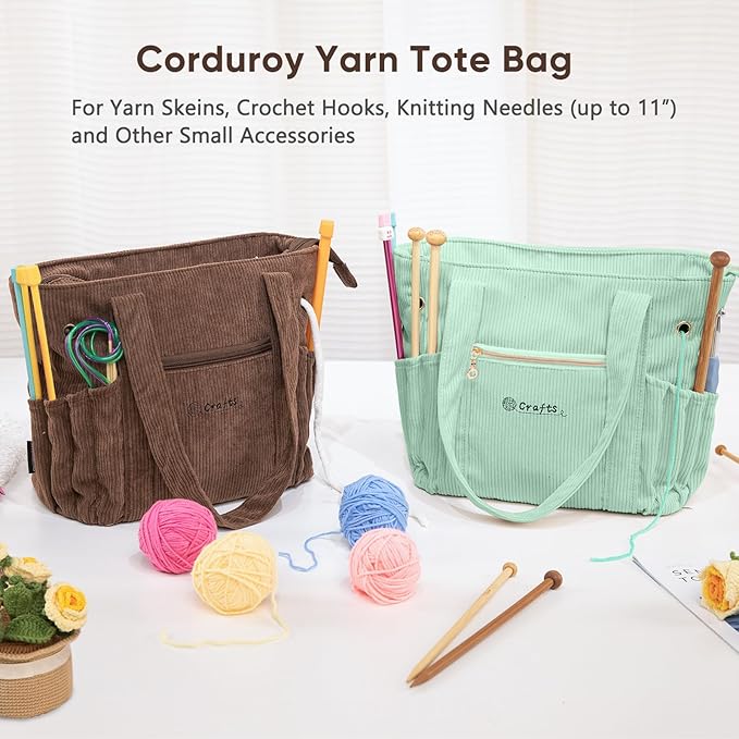 Corduroy Crochet Bag 11.5" Large Yarn Storage Tote with Grommets, Needle Holders – Knitting Bag Organizer for Crochet Hooks, Accessories, Tools & Projects –Gift for Knitters & Crafters