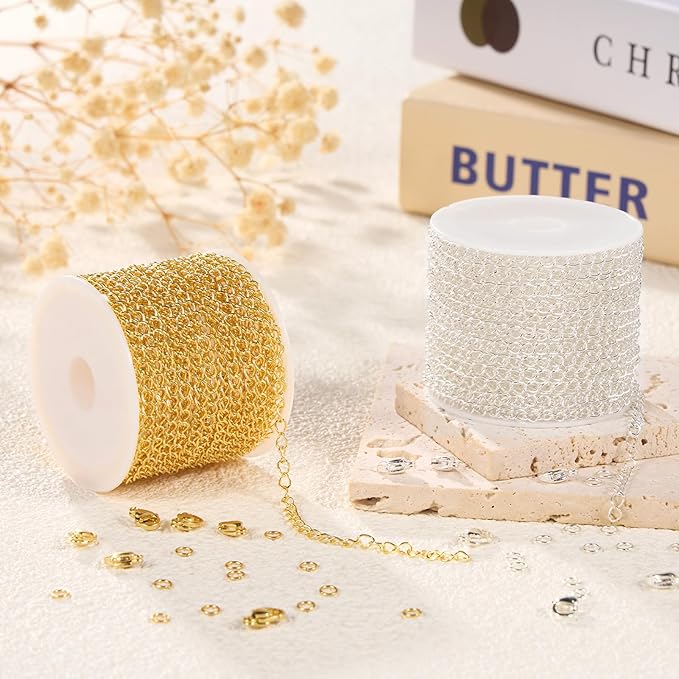 Crisjanggo 2 Rolls Total 65.6 Feet Gold and Silver Chain for Jewelry Making Stainless Steel Curb Chains Roll Bulk with Lobster Clasps and Jump Rings