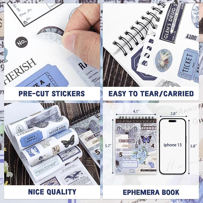 Pre-Cut Vintage Ephemera Washi Scrapbook Sticker Book for Scrapbooking - 50 Sheets Blue Journaling Dark Academia Stickers for Junk Journal Scrap Book Supplies Arts Frame Album, 473PCS