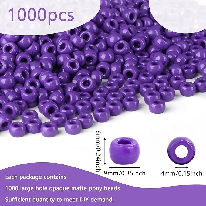 Purple Pony Beads 1000Pcs 9mm Pony Beads Bulk Purple Beads for Friendship Bracelets Kandi Beads Hair Beads for Braids Beads for Crafts
