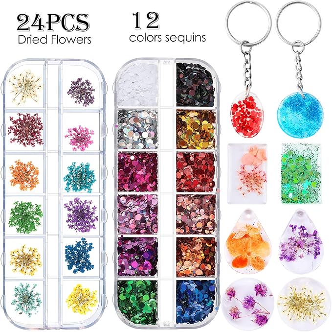 WILLBOND 67 Pieces Resin Keychain Mold Set, Jewelry Pendant DIY Epoxy Casting Mold with Keychain Rings, Dried Flower and Round Sequins for DIY Craft Making Supplies