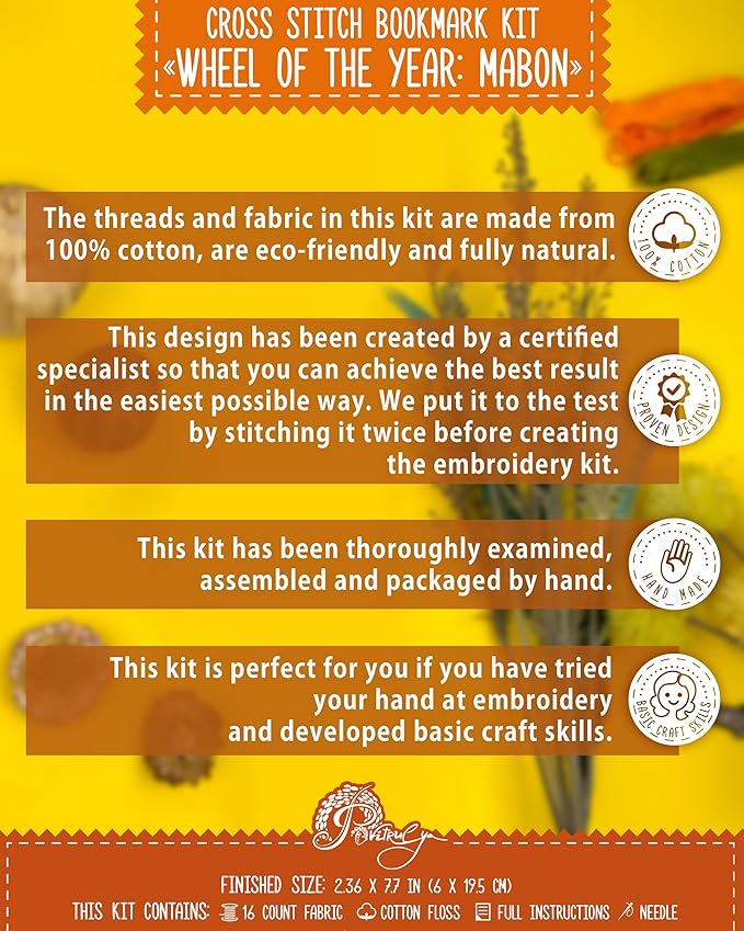 Povitrulya Cross Stitch Bookmark Kit “Mabon“ – Counted DIY Embroidery Set for Adults & Beginners, Autumn Equinox Pagan Wiccan Alban Elfed Harvest Festival Needlework Gift
