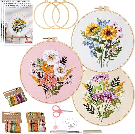 Ohcol 3 Sets Embroidery Kit for Beginners Cross Stitch Kits Needlepoint Kits Crafts for Adults with 3 Embroidery Hoops Easy-to-Follow Operating Instructions,Needle Point Kits with Flowers Patterns
