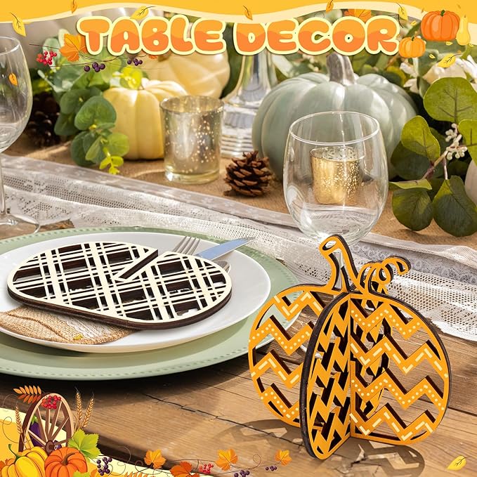 Huwena 36 Pcs Fall Crafts Set 24 Pumpkin Wood Cutouts for Thanksgiving Crafts 3D Unfinished Pumpkin Wooden Slices with 12 Colored Markers for Autumn Harvest DIY Table Tiered Tray Decor