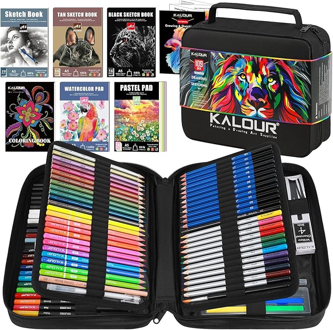 109 Drawing Set Sketching Kit, Pro Art Supplies with Fluorescent, Colored, Watercolor, Metallic, Graphite, Charcoal Pencils, 5 Sketchbook and Coloring Book, for Artists Adults Teens Beginner