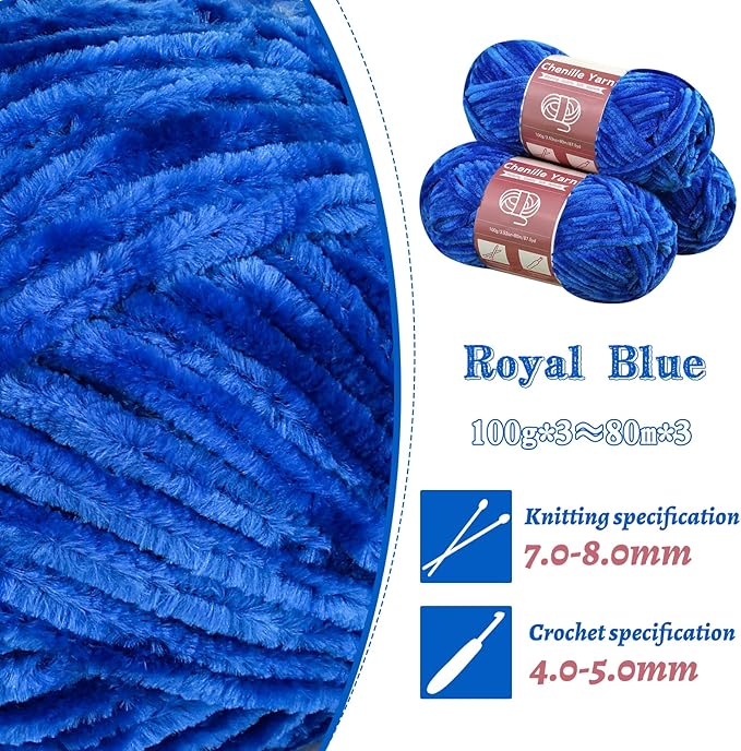 LUNARM Chenille Yarn for Crocheting Knitting, 3 Skein 263 Yard Thick Soft Chunky Fluffy Weaving Plush Yarn for Blankets Clothes Pattern Creations with Big Eye Needles (Royal Blue)