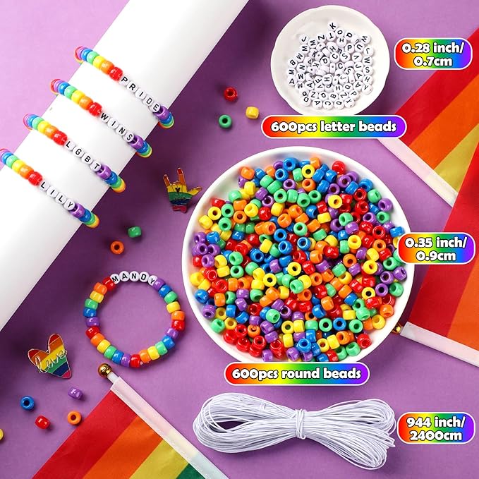 Highergo 1200 Pcs Rainbow Gay Pride Bracelet Sets Making Kit LGBT DIY Wristband Adjustable Bead Craft Kit with 944 Inch Elastic Cord for Pride Day Month Parades Decorations Party Accessories Supplies