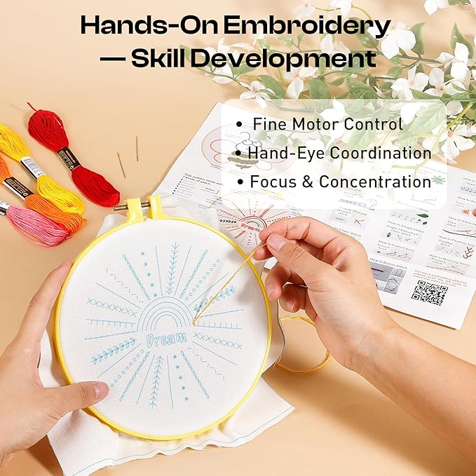 Pllieay 6PCS Embroidery Kit for Beginners, Needlepoint Kits for Beginners with Patterns, 6.5" Embroidery Hoop, Threads, Needles, Instructions, Kids Cross Stitch Kits Supplies for Girls Boys Ages 6+