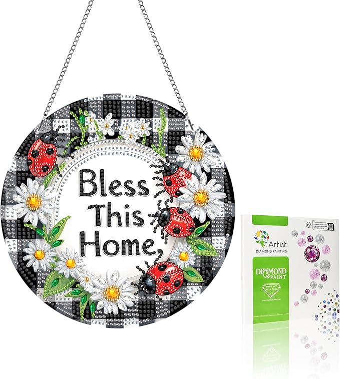 VAIIEYO Bless Diamond Art Hanging Ornament, Home Diamond Painting Suncatchers Window Hanging Kit with Chain, 7.5x7.5 inch Crystal Pendant Art Craft for Gift Home Wall Front Door Decoration