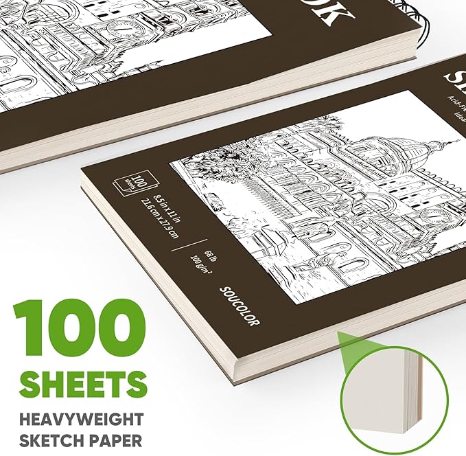 soucolor sketchbook 8.5x11 hard cover - 100 sheets spiral bound sketch pad 8.5" x 11", 68lb/100gsm thick drawing paper 8.5" x 11", acid-free art notebook for adults teacher must have