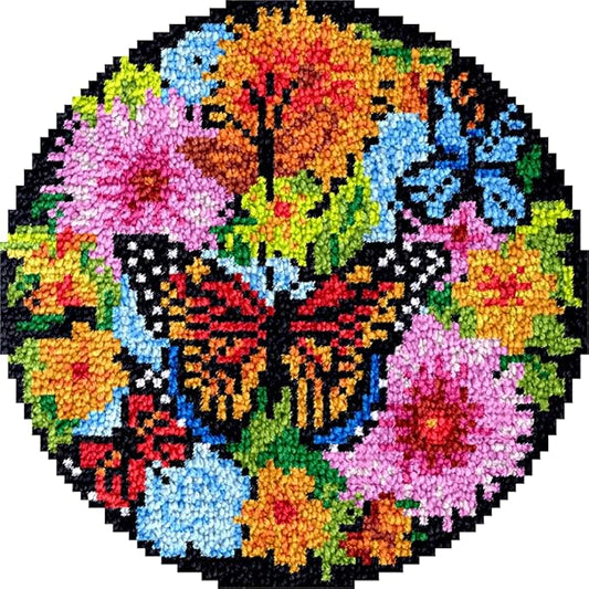 Latch Hook Round Rug Kits Colorful Butterfly and Flowers for Beginner Needle Crochet Yarn Kits Embroidery Carpet Hook and Latch Kit Tapestry Christmas Decoration 45x45cm