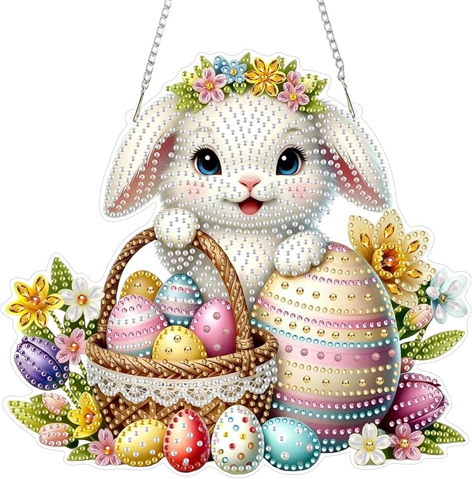 CEOVR Easter Hanging Diamond Art for Adults, Easter Bunny Egg Diamond Painting Pendant DIY Rabbit Gem Art Wall Hanging Ornament, Acrylic Home Garden Decor with Chain, Box Kit 9.58×8.73inch