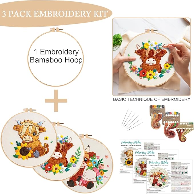 Nuberlic Highland Cow Embroidery Kit 3 Pack Embroidery Kits for Adults Beginners Starter Cross Stitch Kit Set with Floral Designs - Perfect DIY Gift