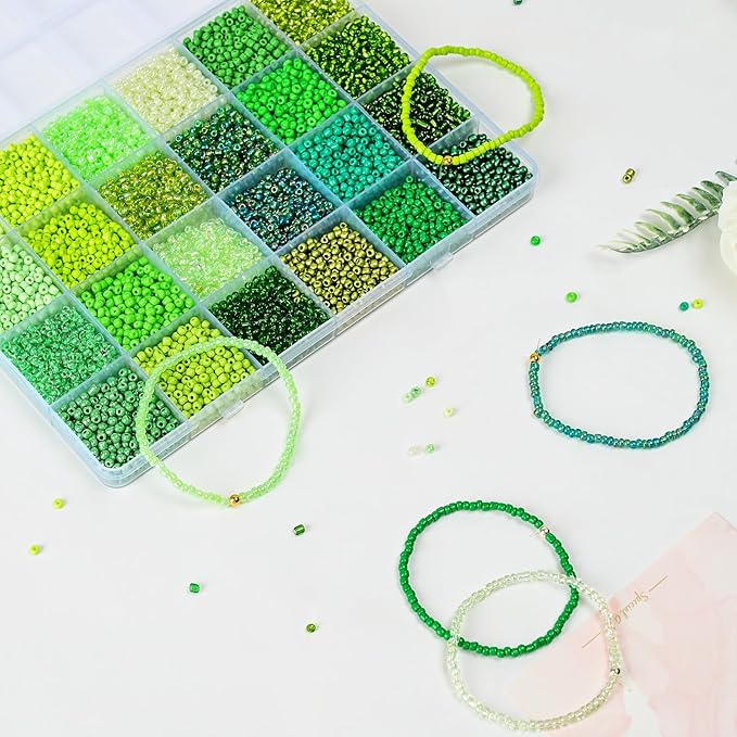 Vtssvow 3mm Glass Seed Beads for Bracelets Making, 24 Colors 10000pcs Friendship Bracelet Making Kit, Small Glass Beads for Jewelry Making (Mix 24 Color, Green)