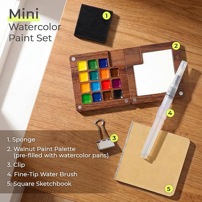 5 Pcs Mini Watercolor Paint Set, All-in-One Walnut Wood 15-Color Premium Pocket Travel Paint Kit, with Crossbody Bag,Watercolor Journal Metal Clip Paint Ideal for Art Lovers (5)