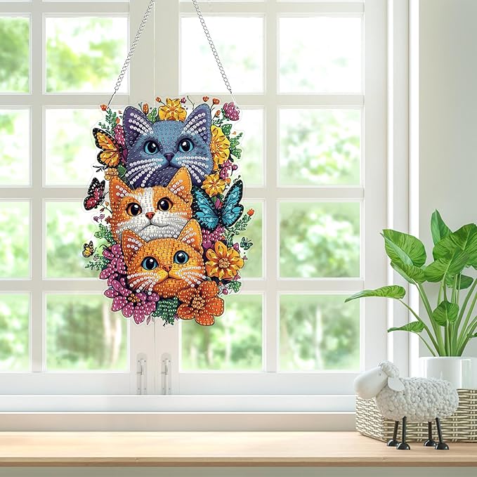 Bowetile Cats Diamond Art Hanging Kits for Adults, 5D Special Shape Diamond Painting Flowers Pendant Kits, Animal Gem Art Suncatchers Painting Window Ornament for Home Garden Wall Decor