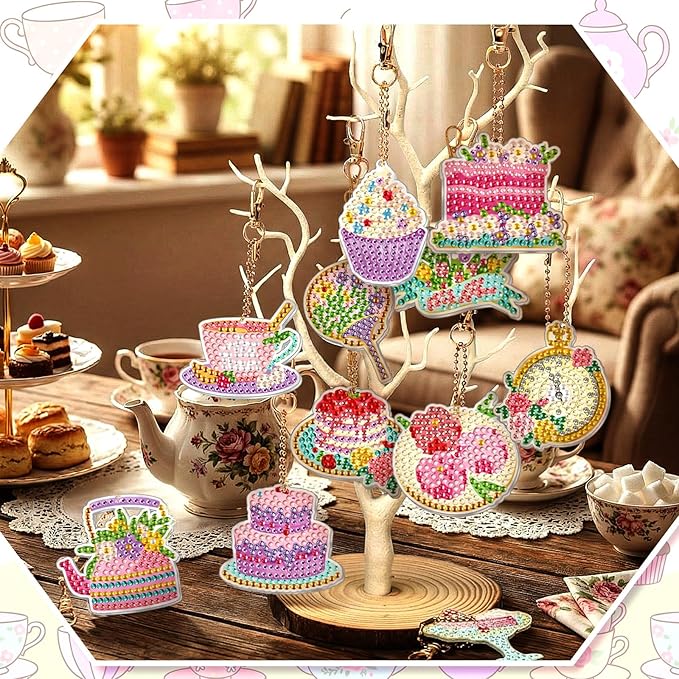 Huquary 30 Pcs Diamond Painting Keychains Tea Party Diamond Art Sets for Adult, Double Sided 5d Diamonds Hanging Keychains for Adult Beginner DIY Crafts Party Gift