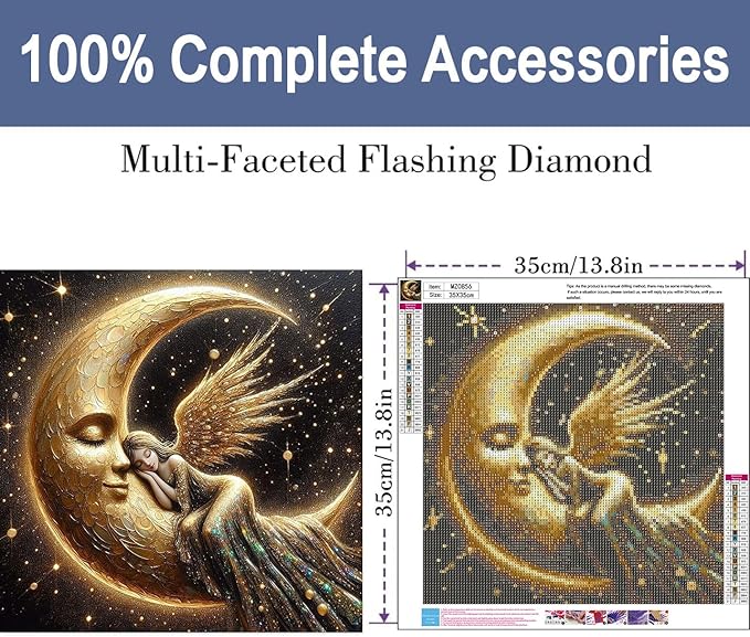 ijbnhd Diamond Art Kits for Adults, 5D Fairy Diamond Painting Kits for Adults Beginners, DIY Full Drill Angel Wings Moon Gem Art Kits for Wall Home Decor 14 X 14inch