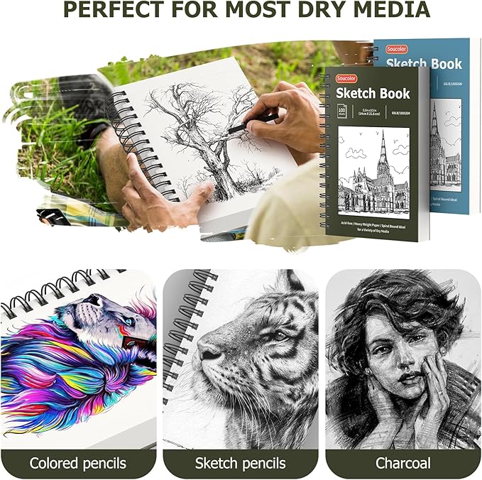 soucolor 5.5" x 8.5" sketchbook pack of 2, 200 sheets blank journal notebook, a5, spiral bound sketch pad drawing book acid-free paper (68lb/100gsm), painting sketching drawing notebook art supplies