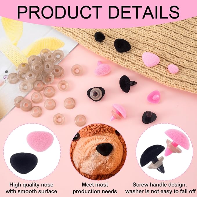 CustomyLife 32pcs Safety Noses for Amigurumi, 11/15/17/18mm Plastic Doll Noses for Crochet, Pink Black Flocking Teddy Bear Noses Stuffed with Washers for Craft Puppet Plush Toy Accessories
