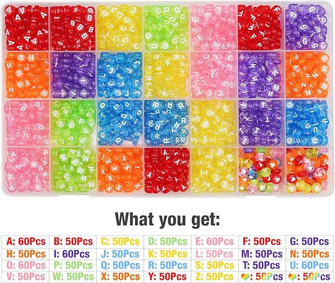 Melius Acrylic Clear Color Letter Beads, 1450 Pcs 4x7mm Transparent Colorful Round Alphabet and Heart Beads in 28 Grid Box for Jewelry Making, DIY Bracelets, Necklaces, Key Chains, Bracelets