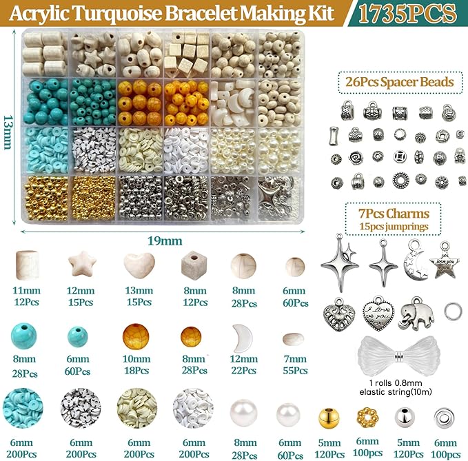LLchunyun Bracelet Making Kit,1735PCS Clay Beads Acrylic Round Heart Star Beads Turquoise Beads for Jewelry Making DIY Craft Bracelet Necklace Earrings for Adults