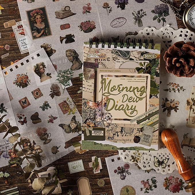 Uideyvi Morning Series Sticker Scrapbooking Supplies for Junk Journal, 25 Sheets Washi Stickers and 25 Sheets PET Stickers(TZ-010-002)