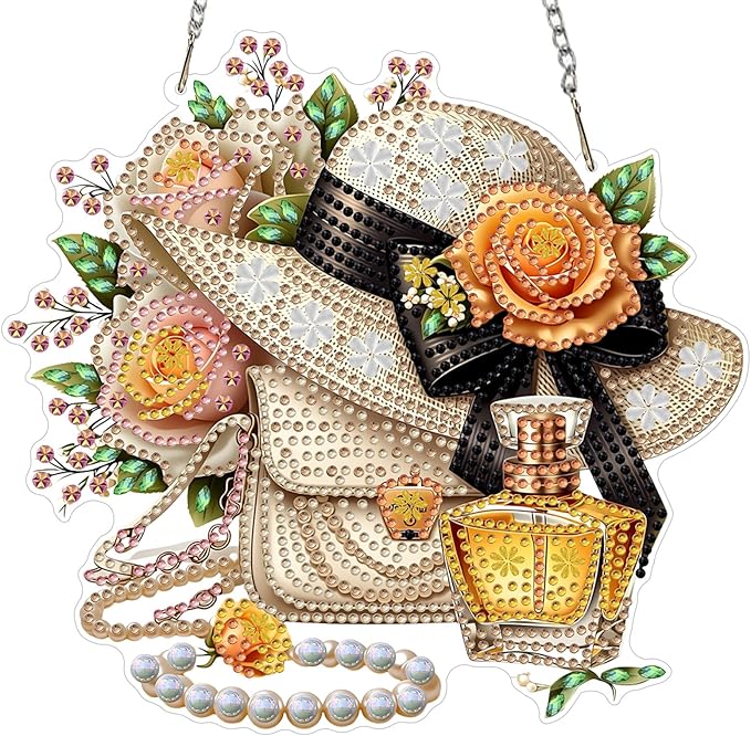 MXJSUA Hat Rose Flower Diamond Painting Art Window Suncatchers, Diamond Art Kits for Adults Hanging Ornaments with Chain, 5D Special Shape Crystal Diamond Pendant Accessories for Decor Gift 8x8 Inch