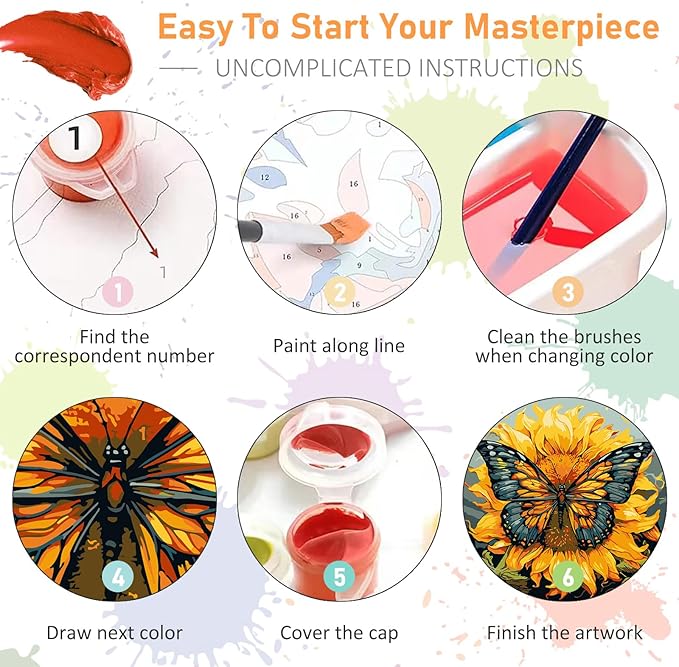 Framed Paint by Numbers Kit for Adults Beginners & Kids Ages 8-12, Butterfly Sunflower Acrylic Easy Paint by Number with Frame, Paint by Number Kits on Canvas Framed (10 * 10 Inch, without Easel)