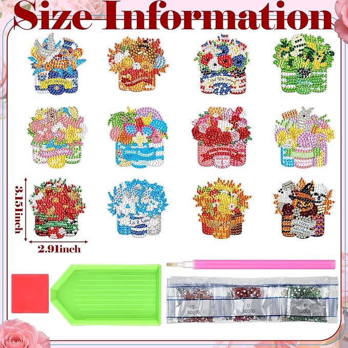 Frienda 12 Pcs Diamond Art Magnets Refrigerator Diamond Painting Magnets Holiday Seasonal Flower Basket Easy Kits Interchangeable for Adults Beginners DIY Flower Home Decors Gifts Craft