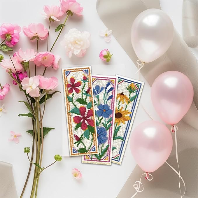 ORIGACH 6 Pcs Flower Cross Stitch Bookmark Kit for Beginner with Backing Felt Floss Instruction Sunflowers Tulip DIY Stamped Embroidery Bookmark Kit for Starter Adults Book Lovers