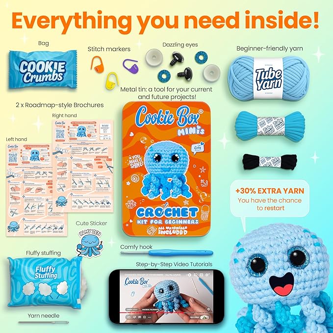 Cookie Box MINIs Crochet Kit for Beginners – Gift Set to Make Jellyfish Oxy Amigurumi Plushie – Easy DIY Crochet & Knitting Starter Kit with Printed Instructions & Step-by-Step Video Tutorial