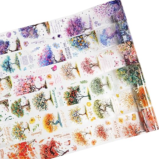 6 Rolls Blooming Forest PET Tape Set, 6 Rolls Tree-Themed Tapes with Decorative Clip, Scrapbook and Journal Supplies for DIY Crafts and Collage