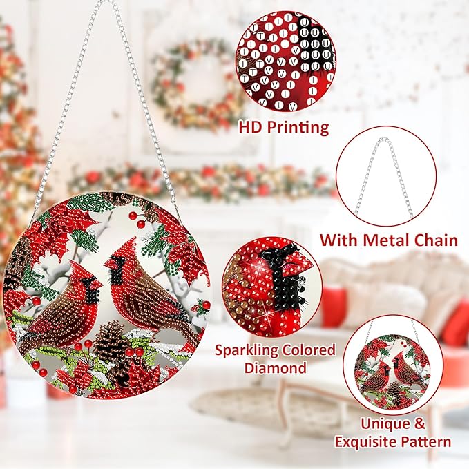 SENQAO Christmas Diamond Art Hanging Kits for Adults Kids, Christmas Cardinal Diamond Art Suncatchers, 5D Special Shape Diamond Painting Pendant Window Ornament Gifts for Home Door Wall Decor
