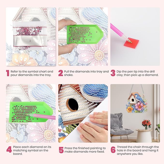 MXJSUA Birdhouse Flowers Special Shaped Hanging Diamond Painting Art Kits for Adults, Crystal Rhinestone Acrylic Gem Art Pendant Ornaments Kit for Home Decoration and Gift