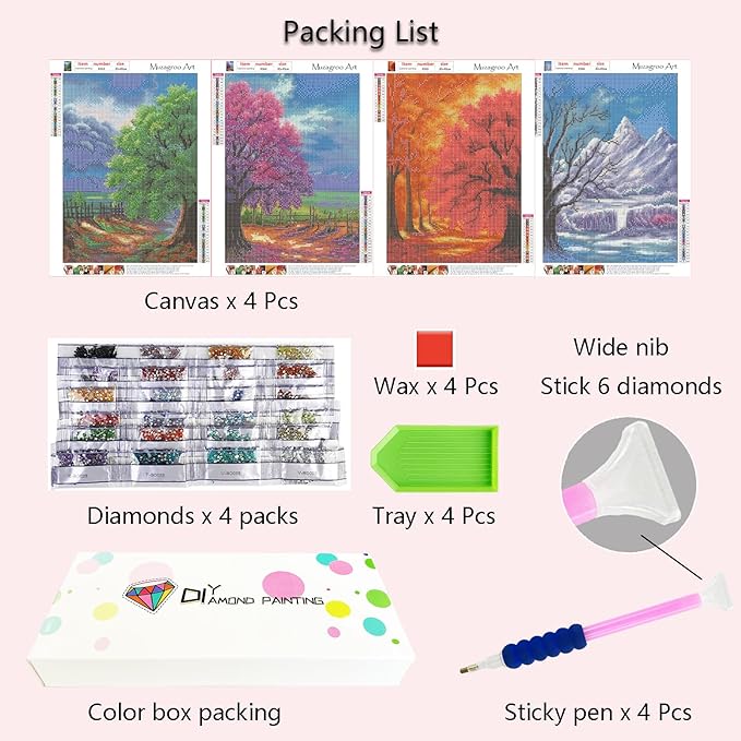 Muzagroo Art 4 Pack 5D Diamond Painting Kits for Adults DIY Diamond Art Kits 4 Seasons Trees Wall Art for Living Room Adults Crafts Diamond Dot Gem Art Kits for Beginners