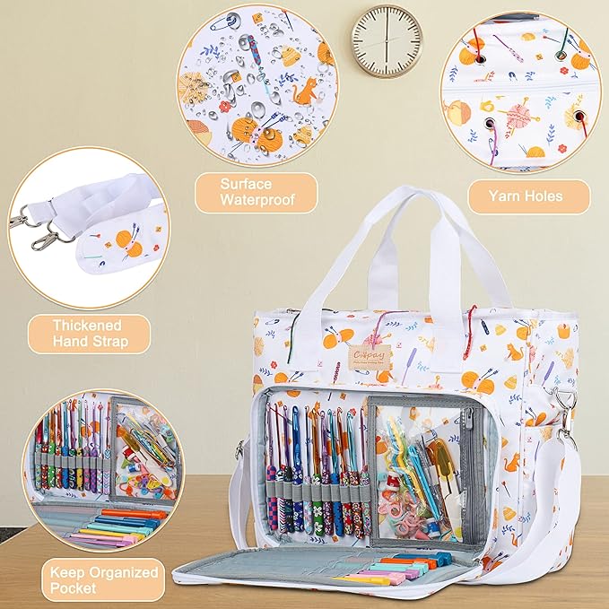Coopay Large Tote Bag Travel Organizer Lightweight with Shoulder Strap for Crafts and Storage Supplies Crochet Knitting White