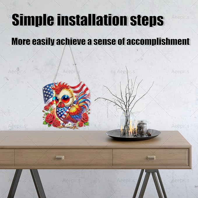 Aeepics Hanging Diamond Art Kit for Adult, DIY Diamonds Painting Pendant Ornament Kit, Acrylic Diamond Art Painting Board Kit (Rooster)