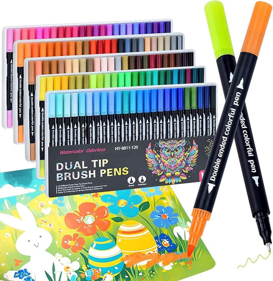 MIN CI 120 Colors Dual Tip Markers, Fine Tip and Brush Tip Permanent Coloring Markers for Drawing Art Supplies, Dual Marker s Brush Pens Kit for Adult Coloring Book, School Supplies, DIY Crafts